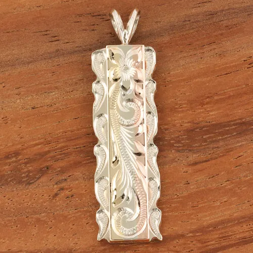14K Tri-Color Gold Custom-Made Hawaiian Scroll Raised Vertical Pendant Cut Out Edge