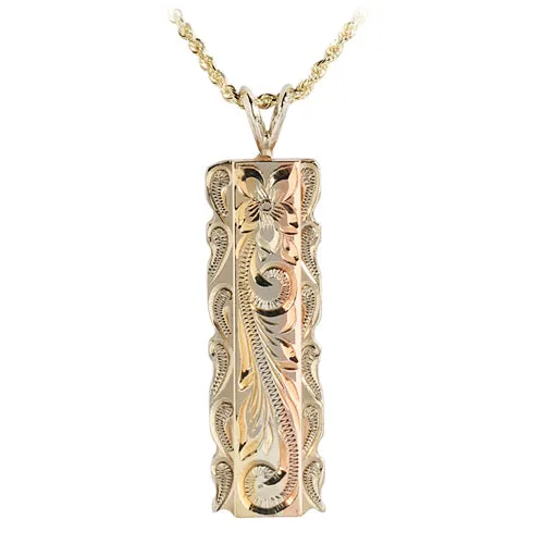 14K Tri-Color Gold Custom-Made Hawaiian Scroll Raised Vertical Pendant Cut Out Edge
