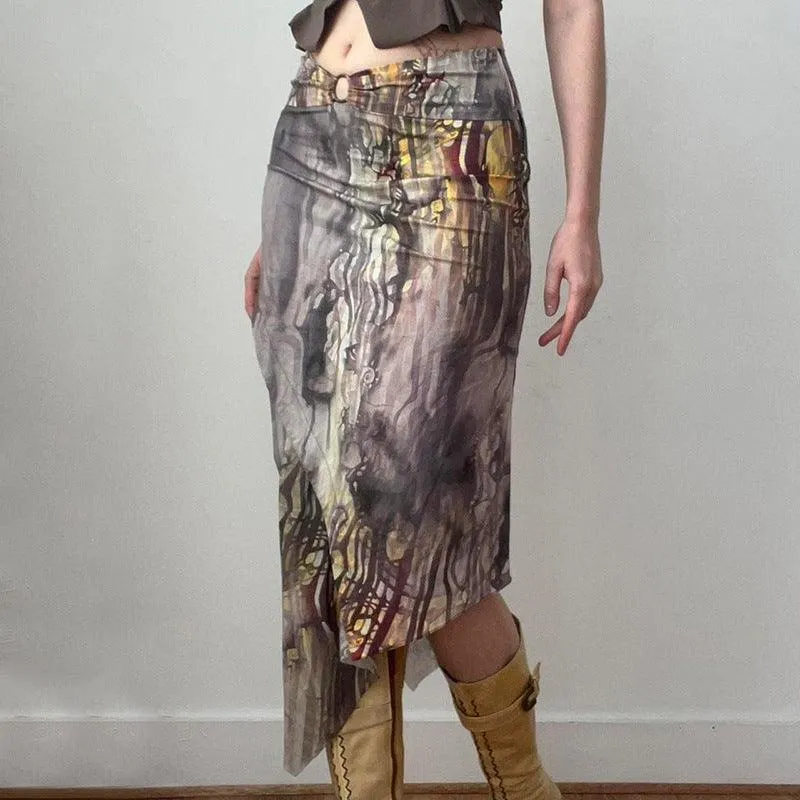 Asymmetrical Watercolor Printed Midi Skirt