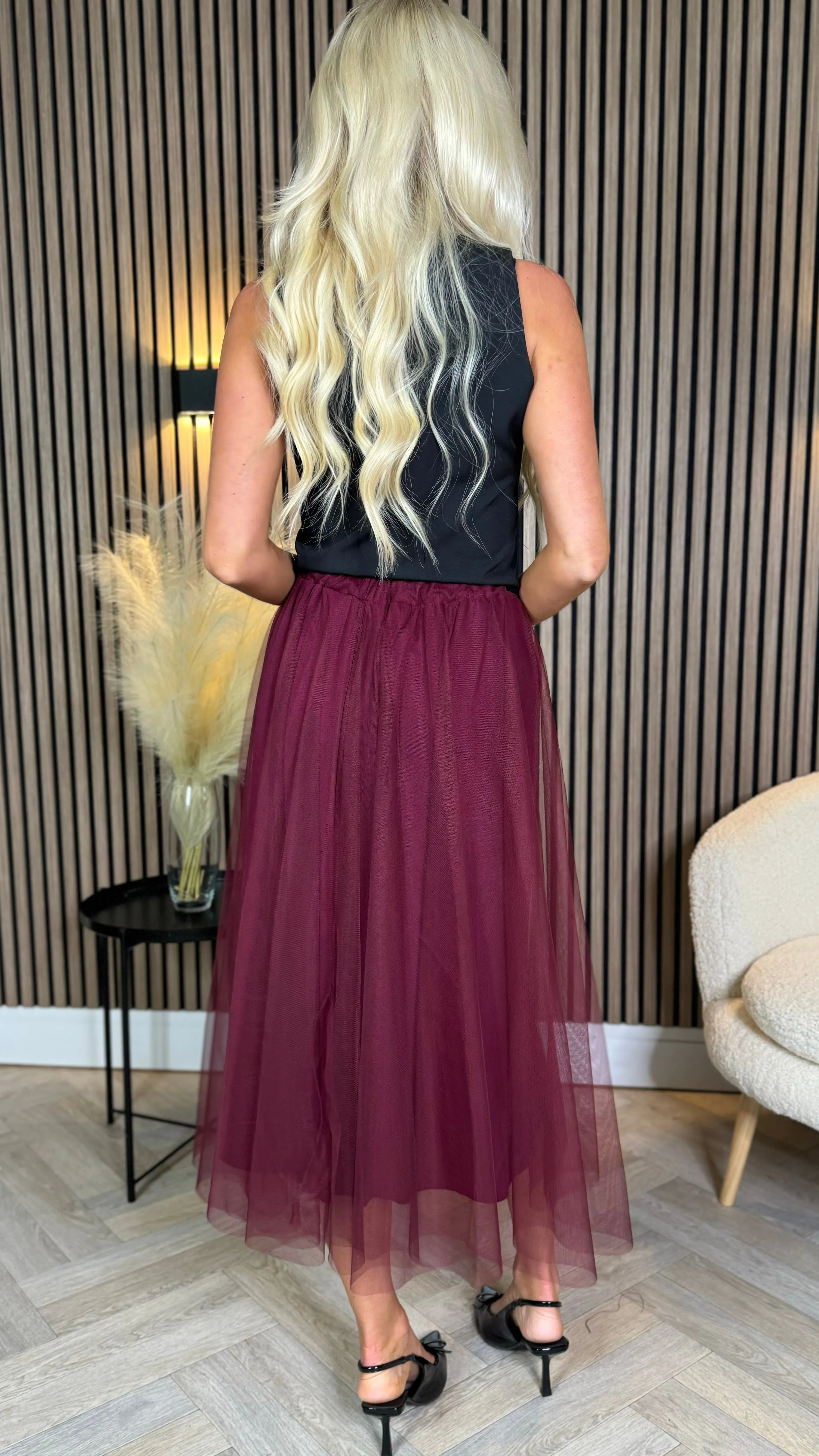 Avery Burgundy Tulle Midi Skirt