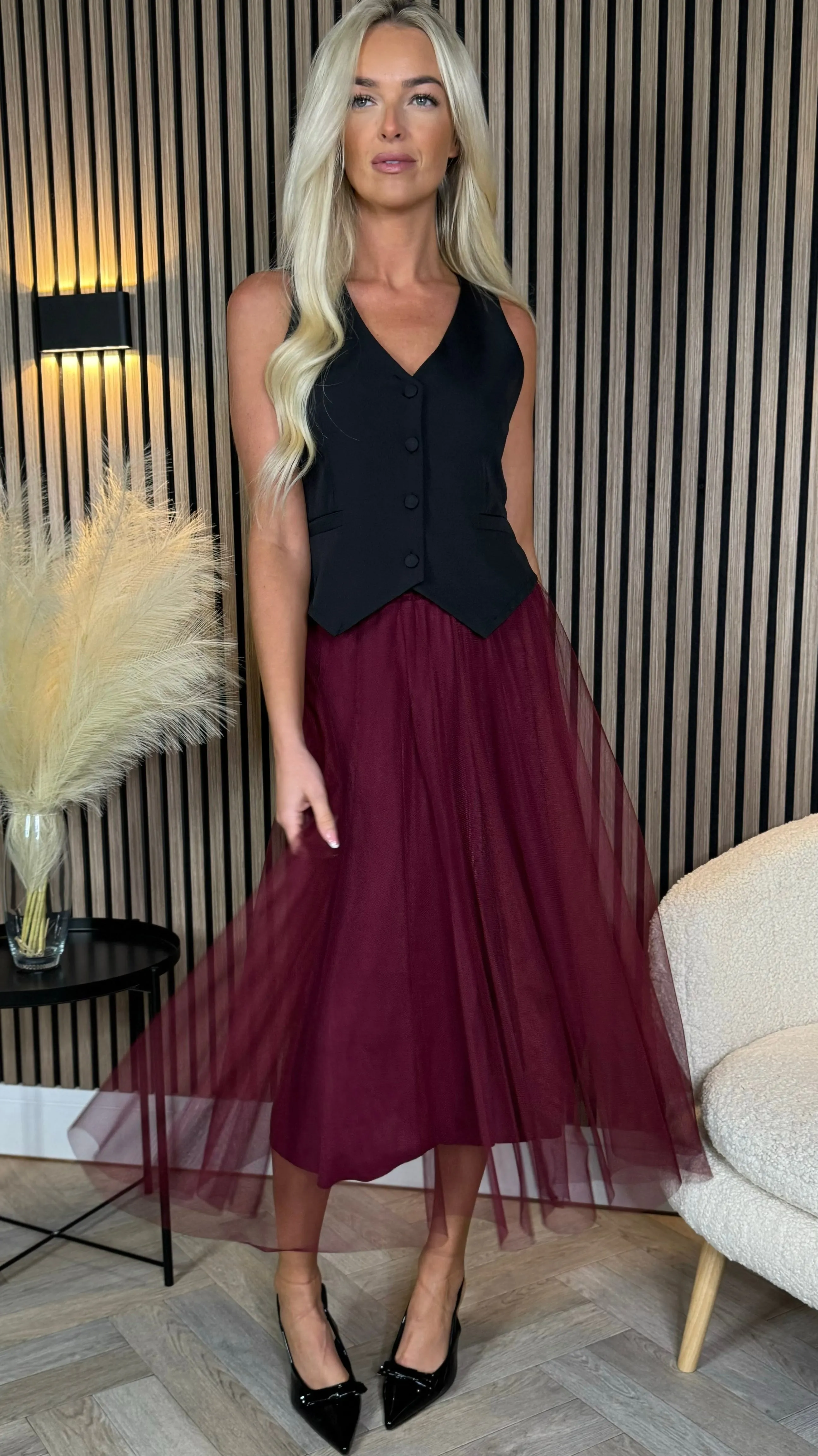 Avery Burgundy Tulle Midi Skirt