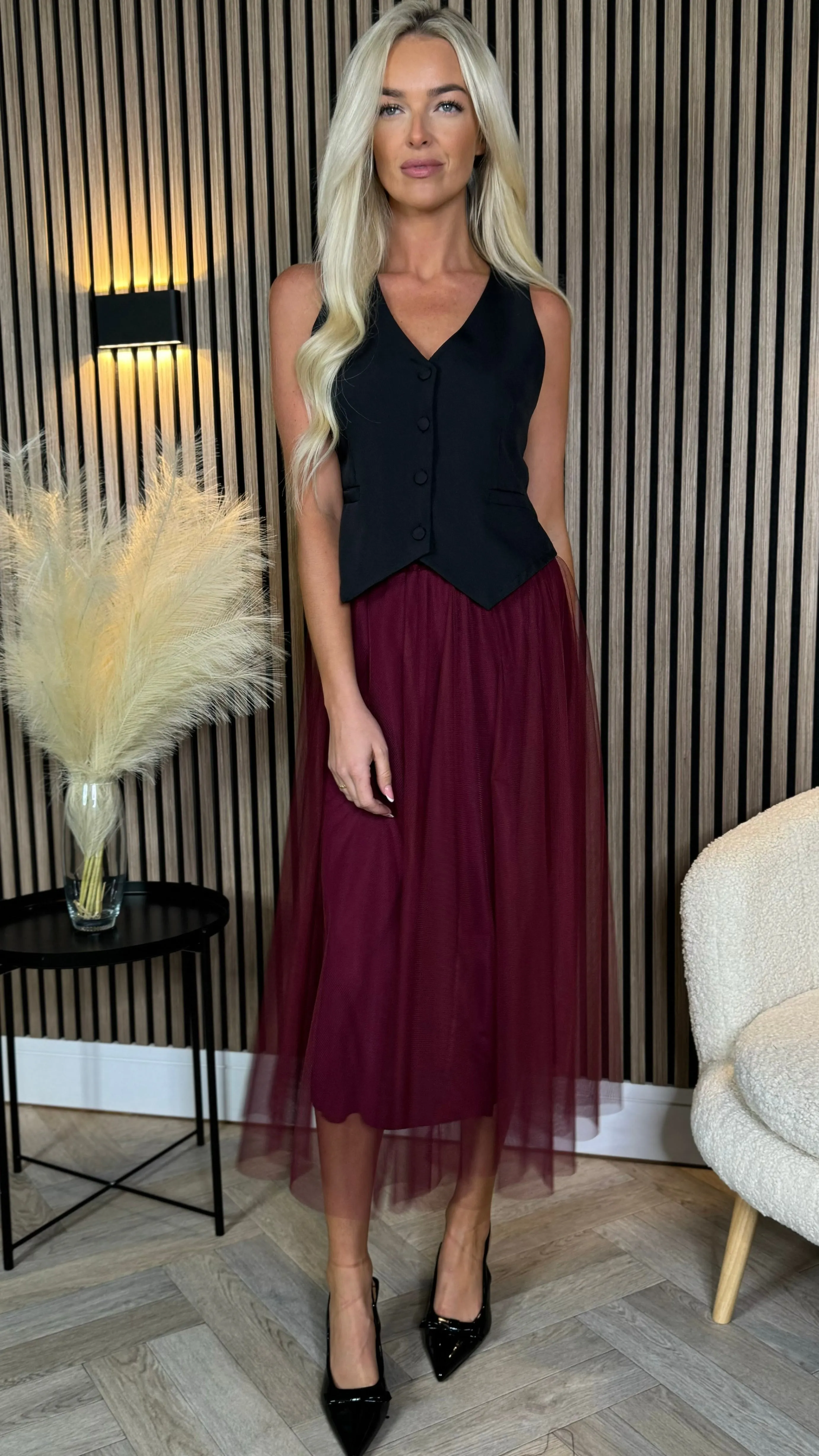 Avery Burgundy Tulle Midi Skirt
