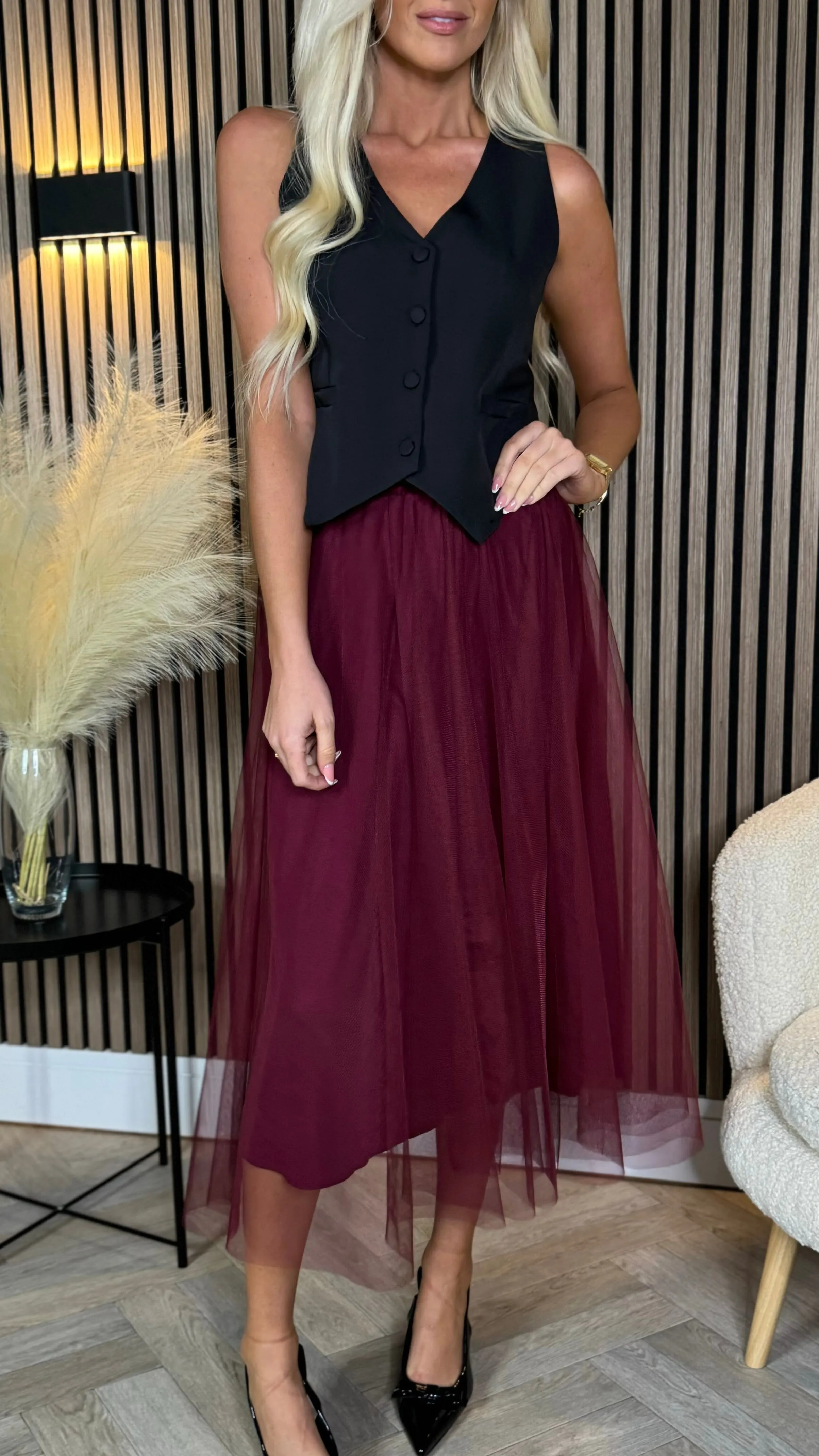 Avery Burgundy Tulle Midi Skirt
