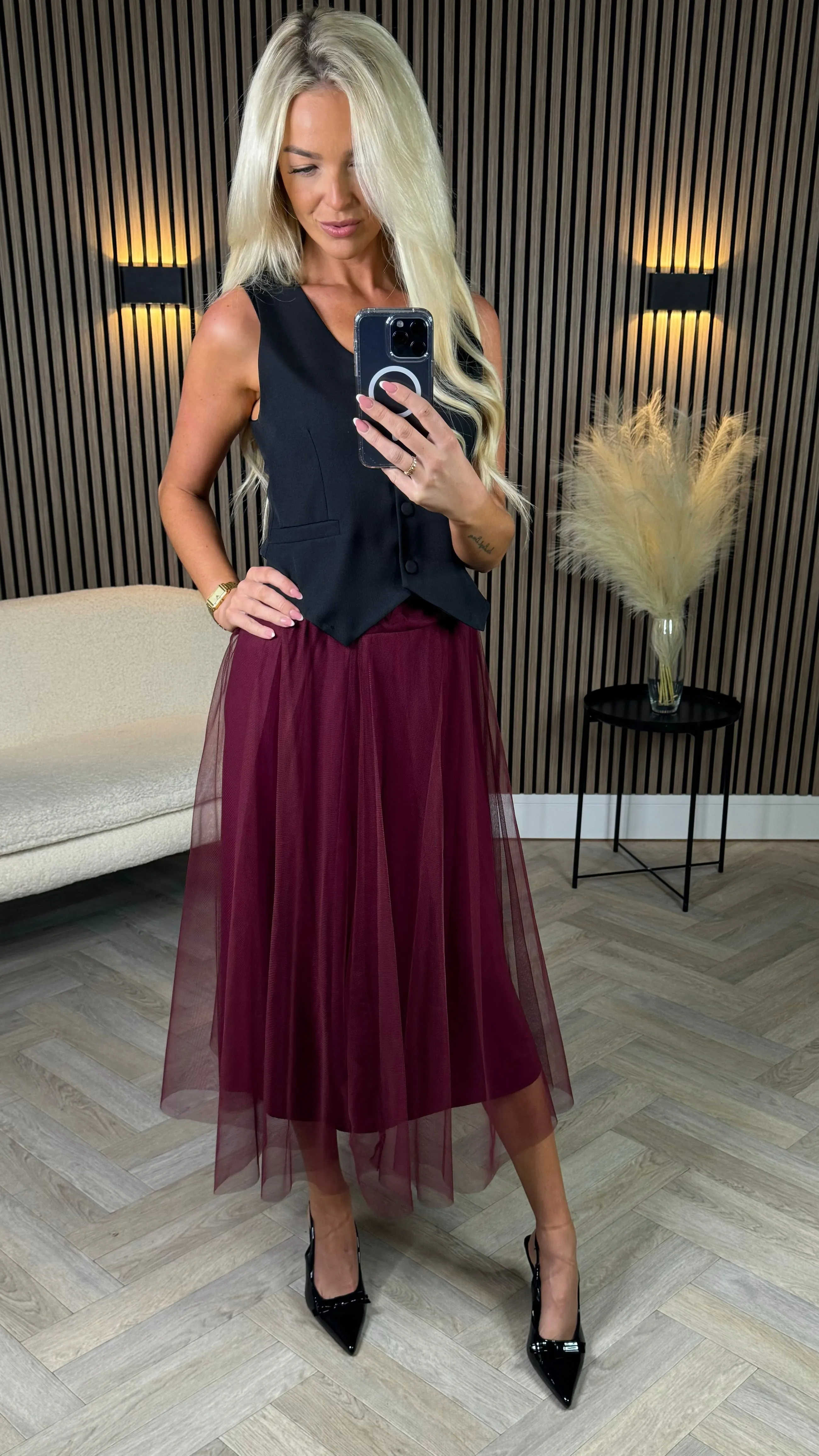 Avery Burgundy Tulle Midi Skirt