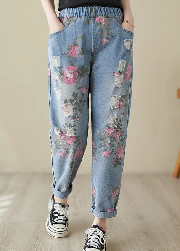 Beautiful Blue Print High Waist Denim Harem Pants LY3965