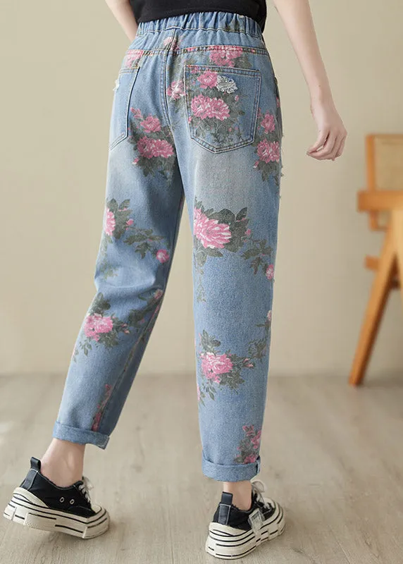 Beautiful Blue Print High Waist Denim Harem Pants LY3965