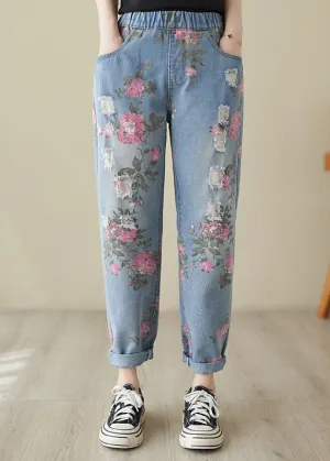 Beautiful Blue Print High Waist Denim Harem Pants LY3965