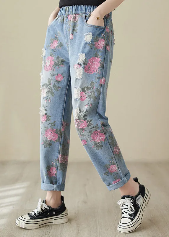 Beautiful Blue Print High Waist Denim Harem Pants LY3965