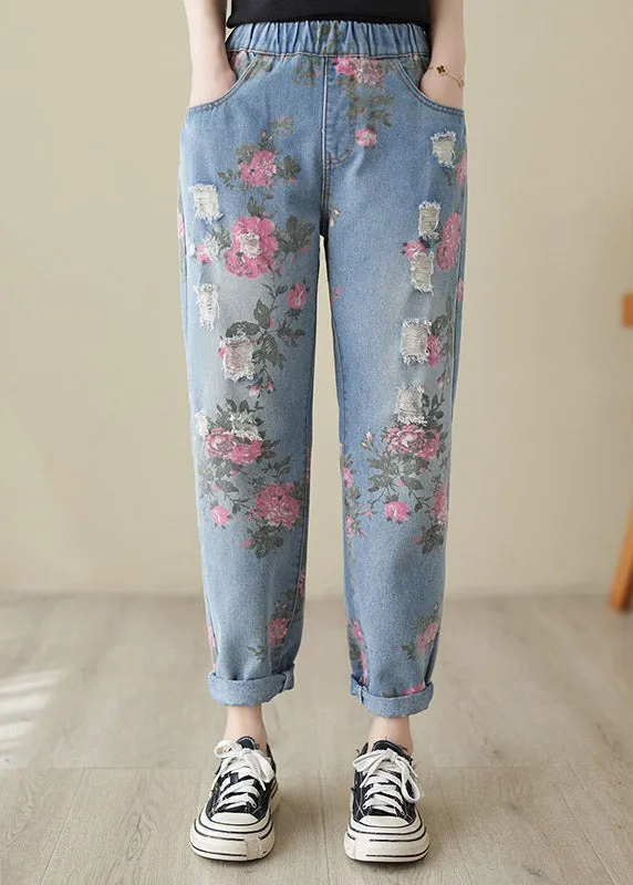 Beautiful Blue Print High Waist Denim Harem Pants LY3965