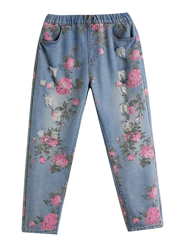 Beautiful Blue Print High Waist Denim Harem Pants LY3965