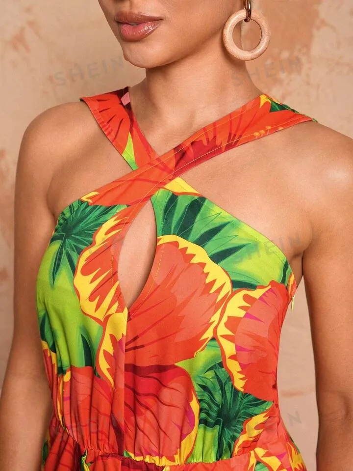 BELANGE HANDMADE X SHEIN - Full Print Halter Neck Wide Leg Jumpsuit With Slit And Ruffle Hem- Available on SHEIN.COM Only