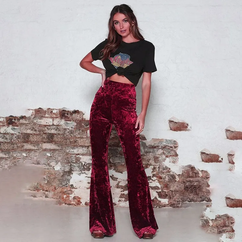 BerriesJam - High Waist Elastic Crushed Velvet Flare Pants