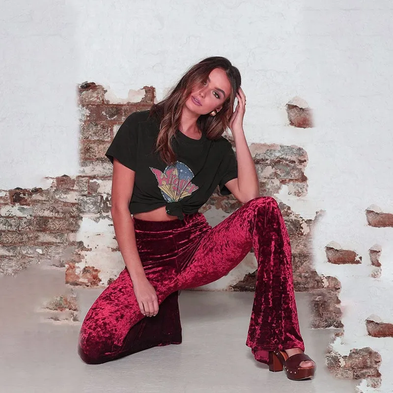 BerriesJam - High Waist Elastic Crushed Velvet Flare Pants
