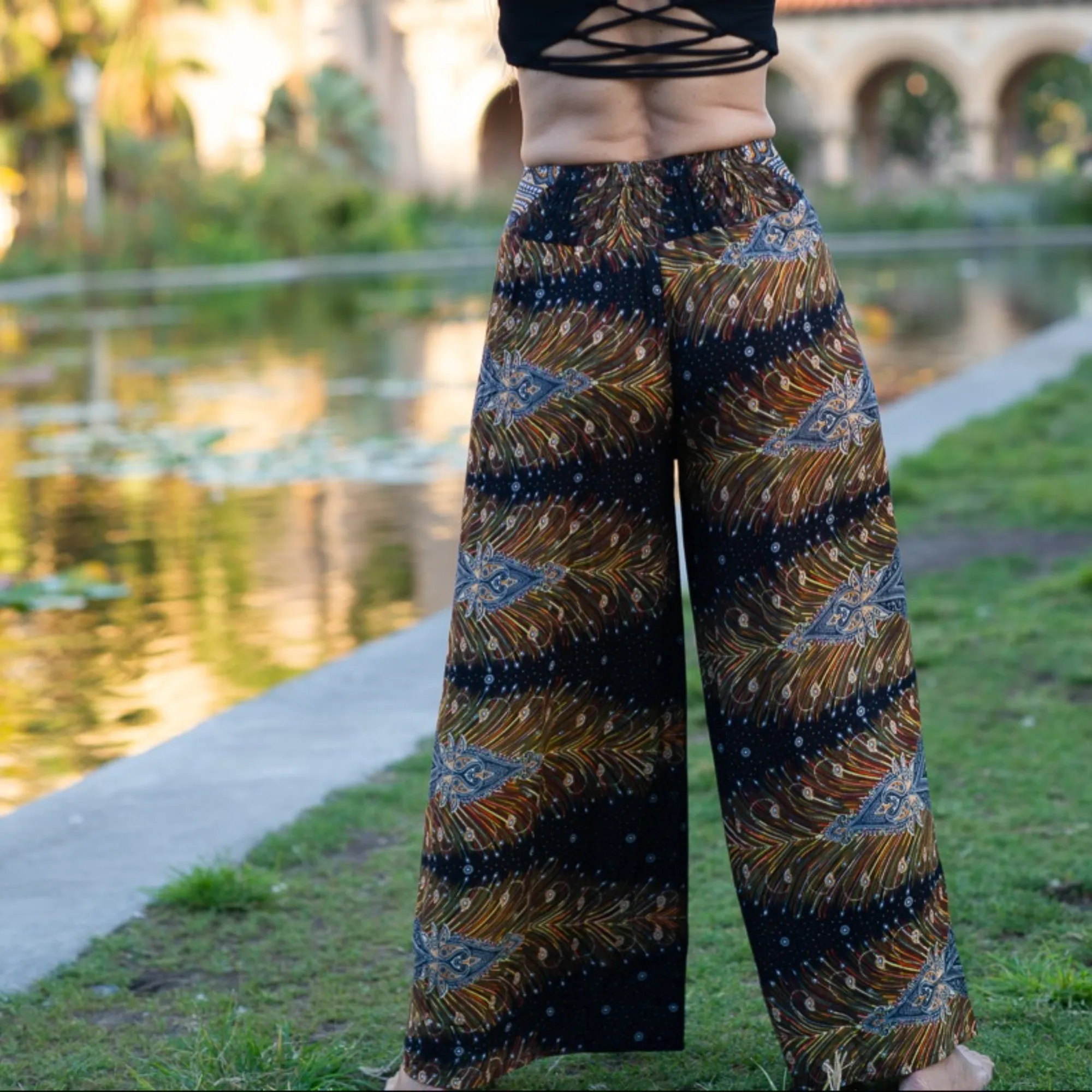 Black and Gold Feather Design Open Leg Pants