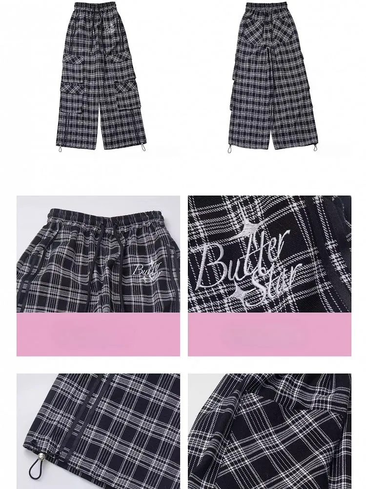 Black and Grey Letters Cargo Pockets Design Plaid Pants