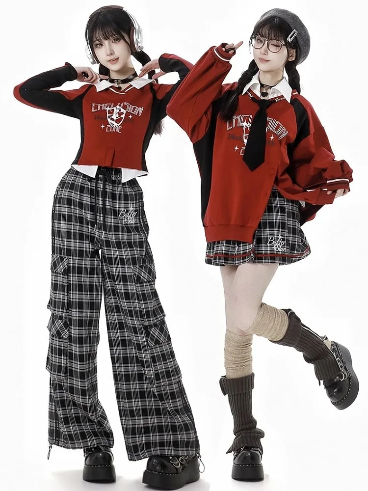 Black and Grey Letters Cargo Pockets Design Plaid Pants