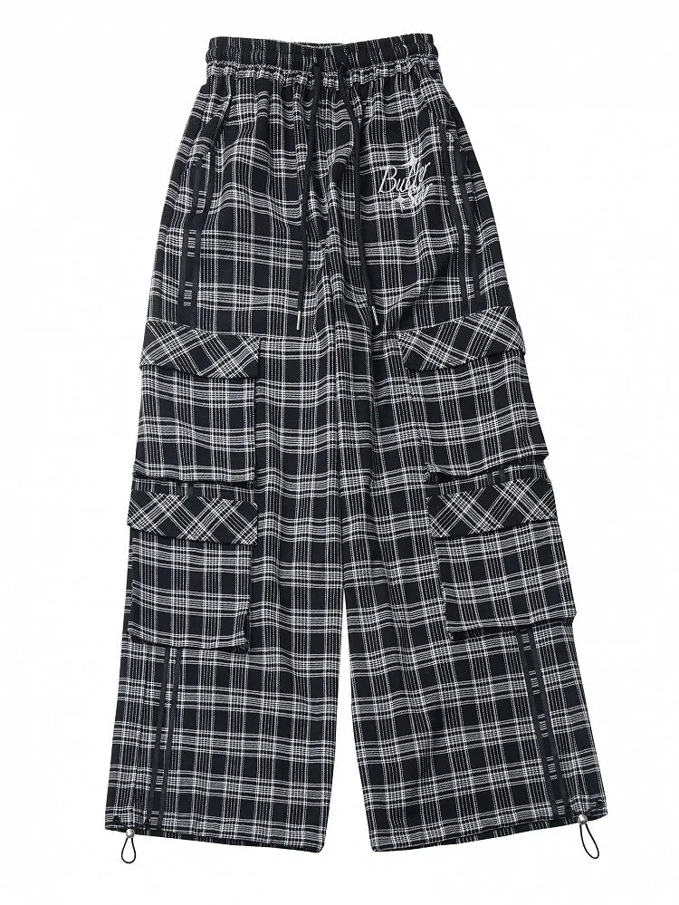 Black and Grey Letters Cargo Pockets Design Plaid Pants