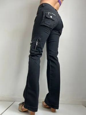 Black denim low waist 90s vintage cargo pants (S)
