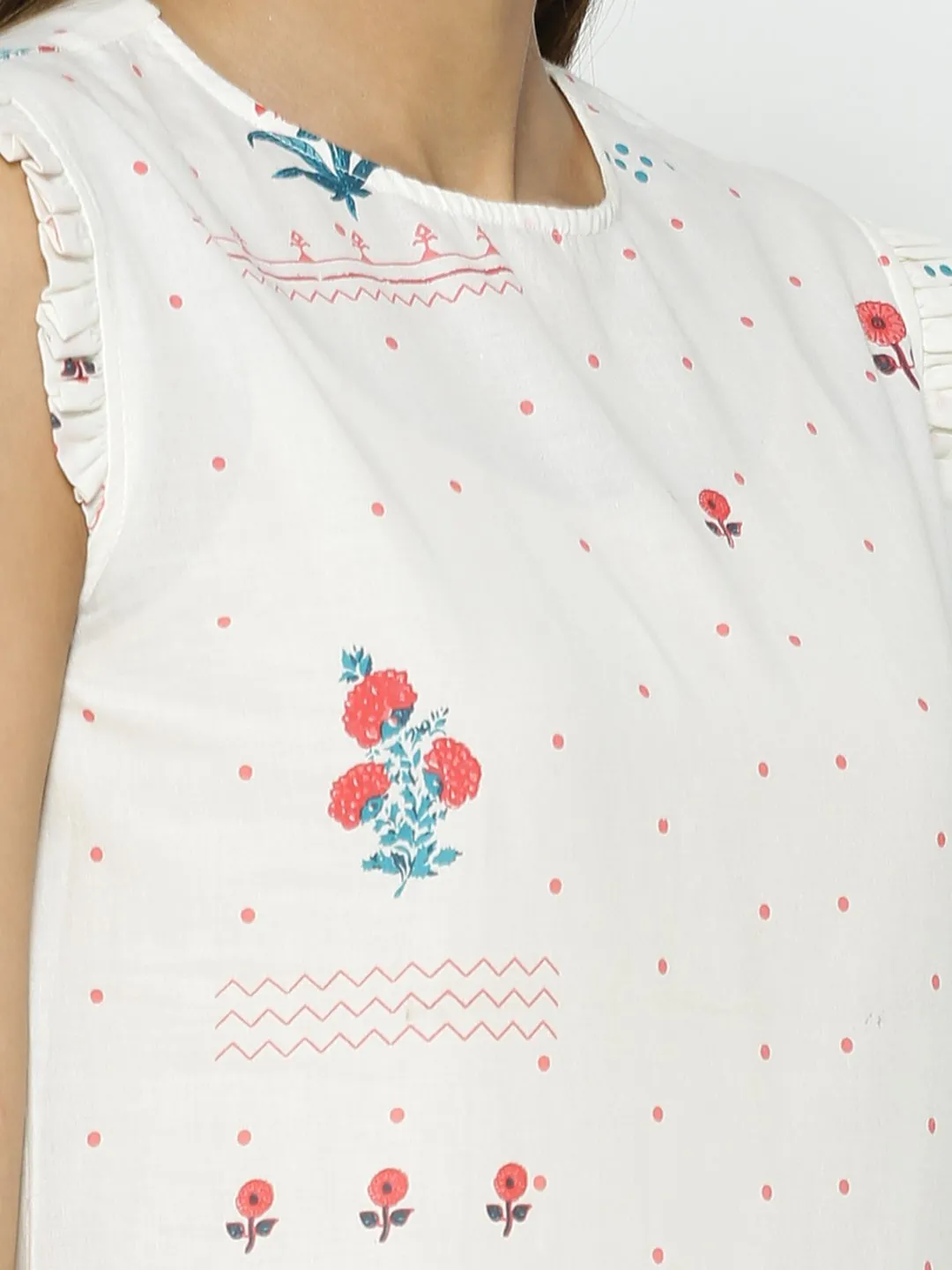 Block Imprint Off White Sleeveless Kurta