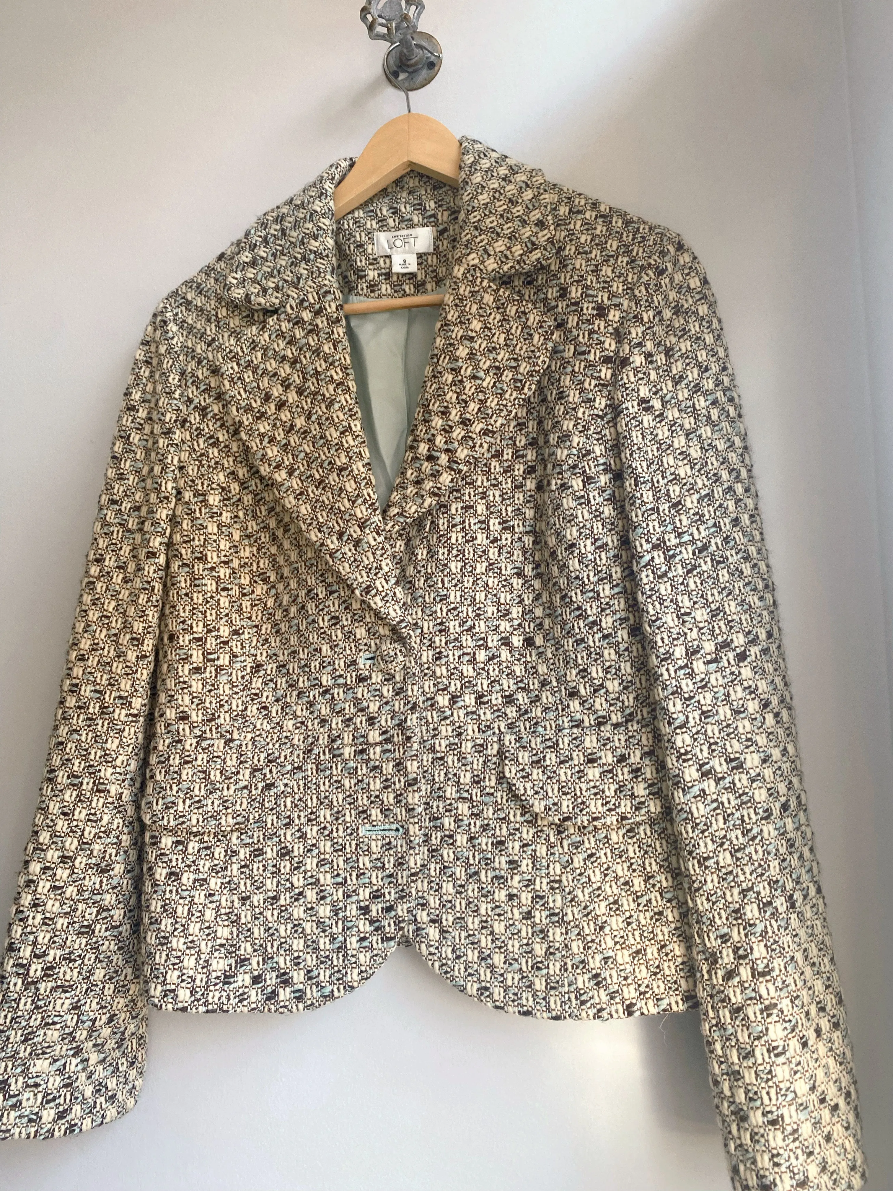 Blue   Cream Plaid Tweed Blazer Jacket