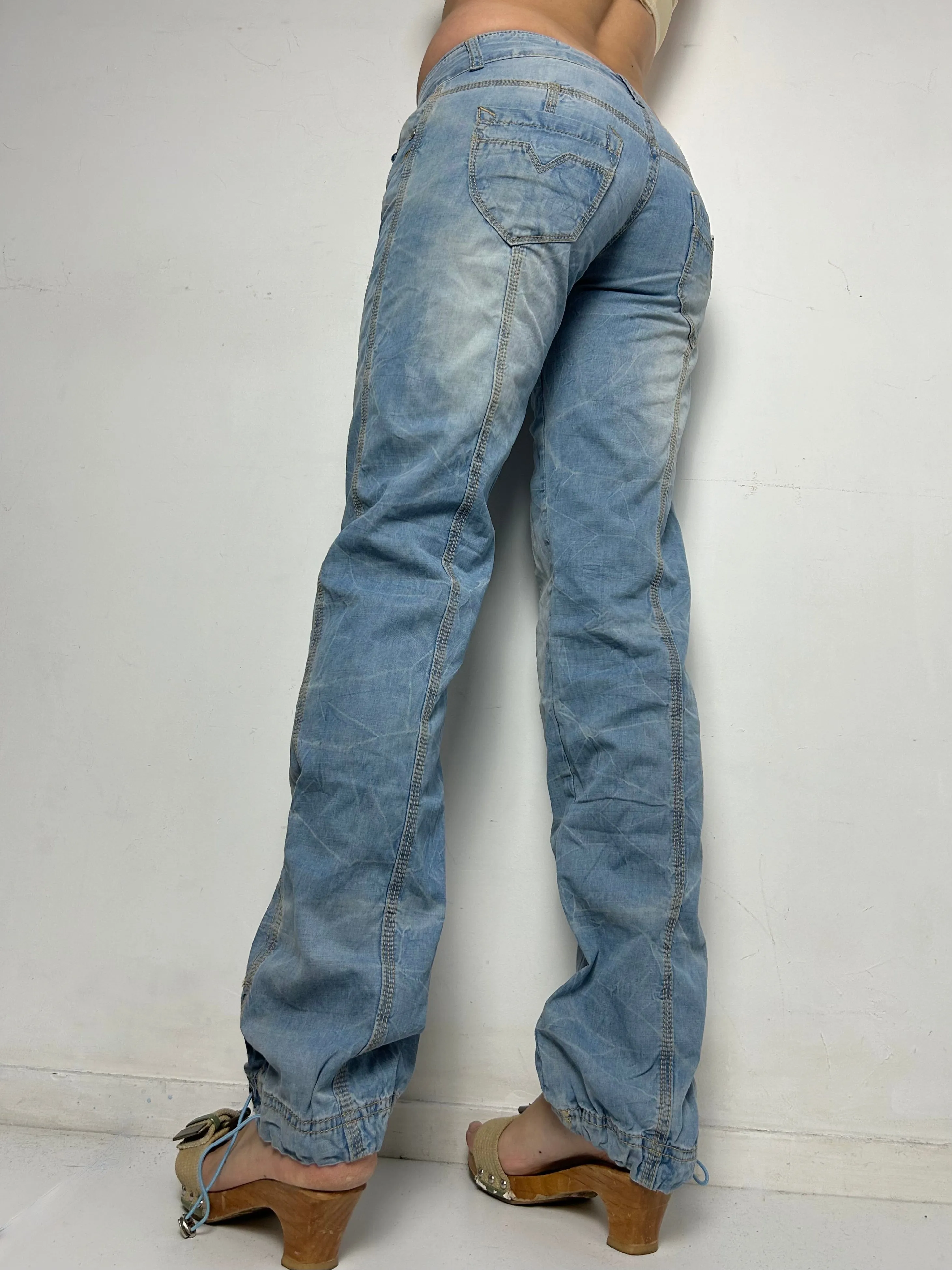 Blue denim low waist 90s vintage flare cargo pants (S)