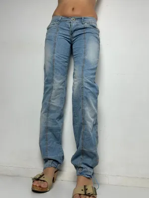 Blue denim low waist 90s vintage flare cargo pants (S)