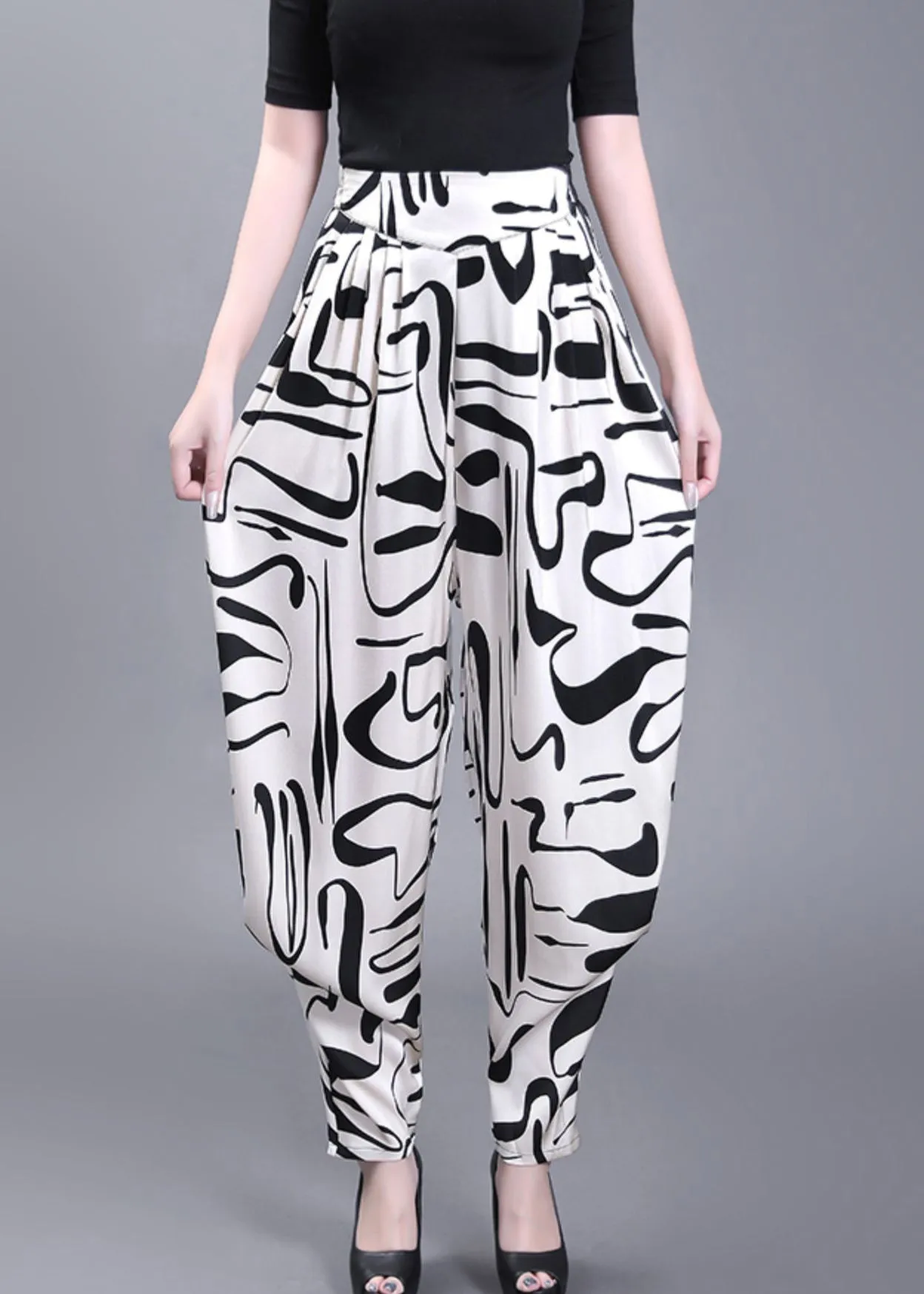 Boho White Pockets Print High Waist Chiffon Pants Summer ML1960