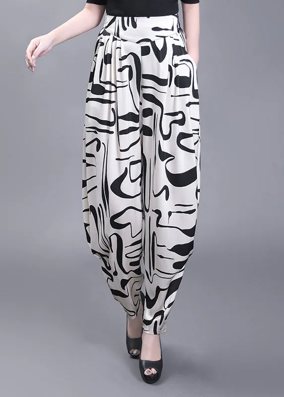 Boho White Pockets Print High Waist Chiffon Pants Summer ML1960
