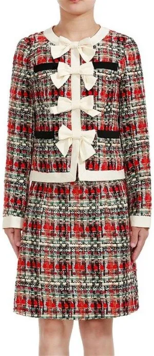 Bow-Embellished Tweed Jacket and Skirt Set