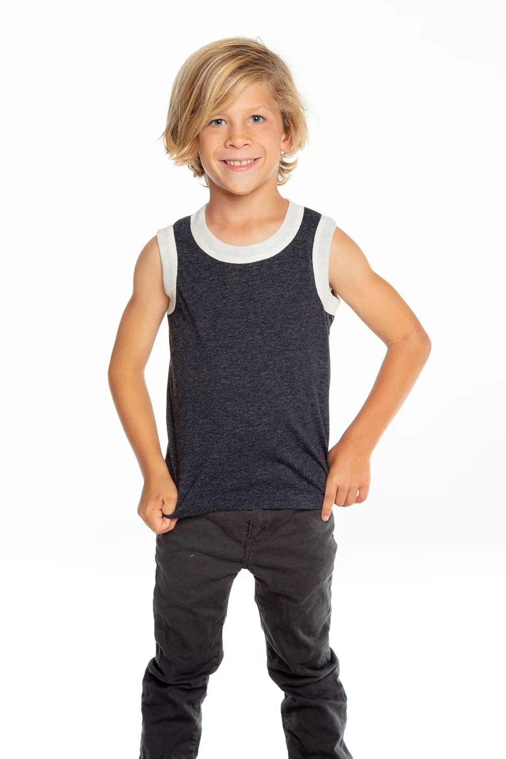Boys Recycled Vintage Jersey Contrast Binding Muscle Tank