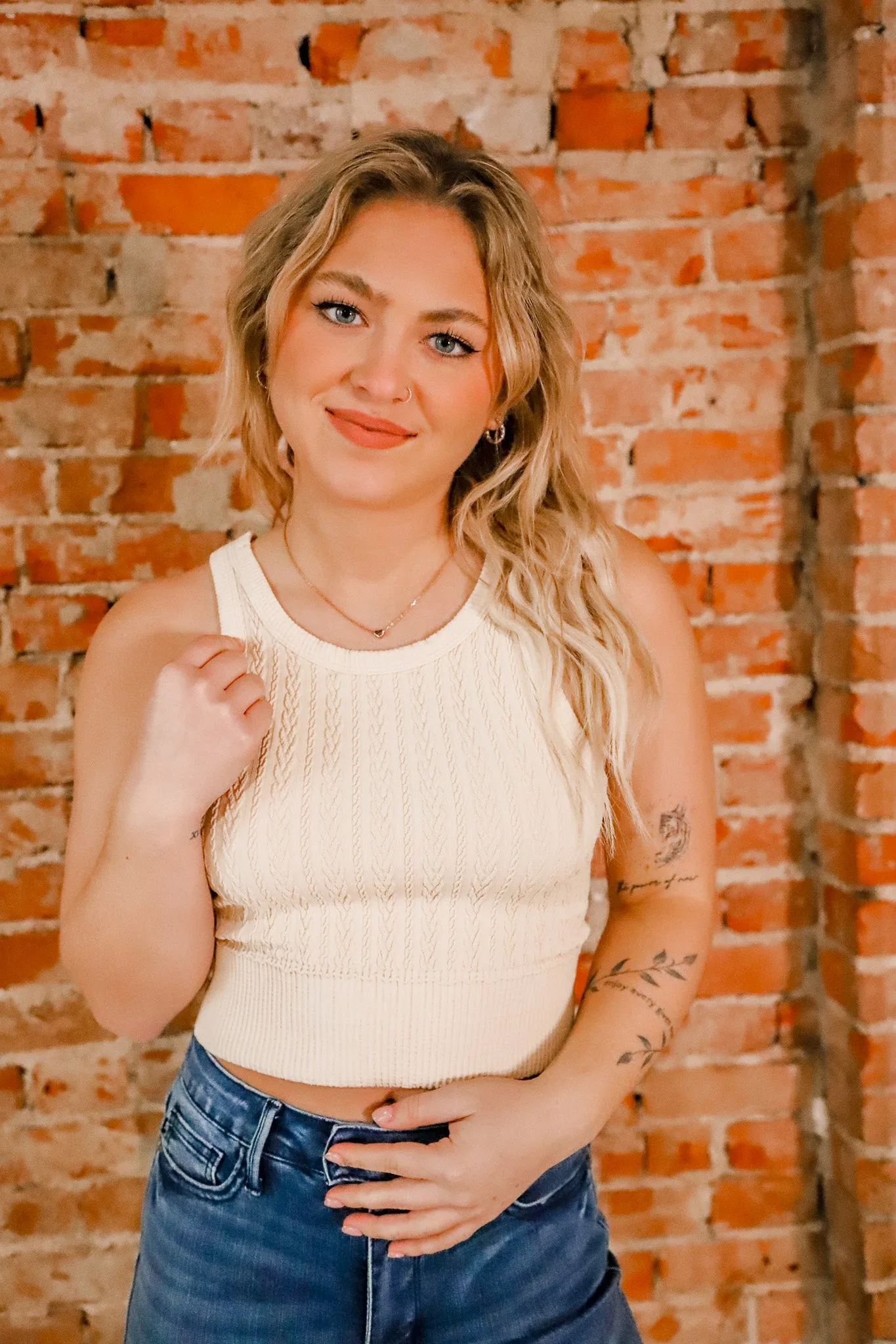 Cable Knit Highneck Crop Top