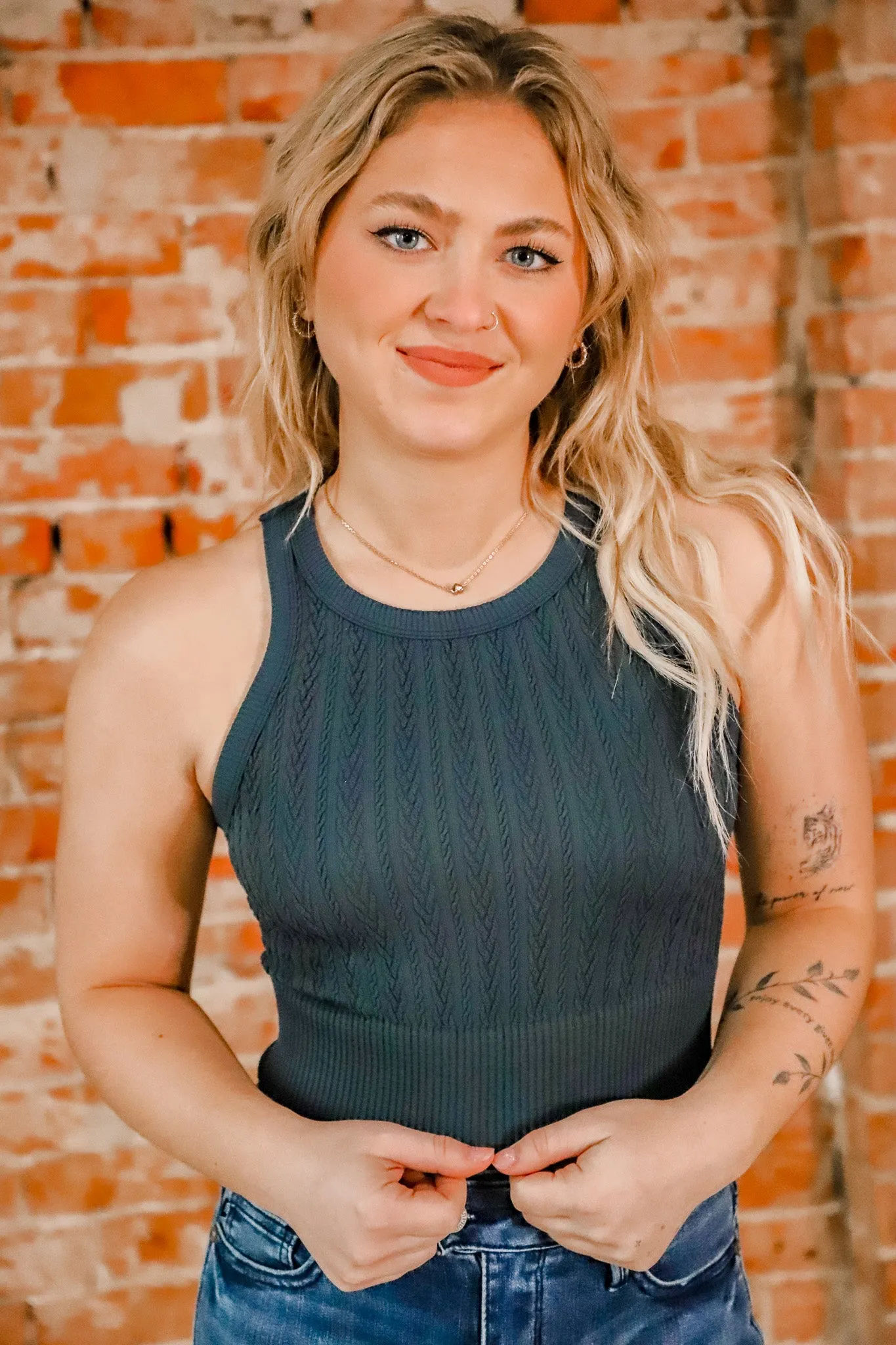 Cable Knit Highneck Crop Top
