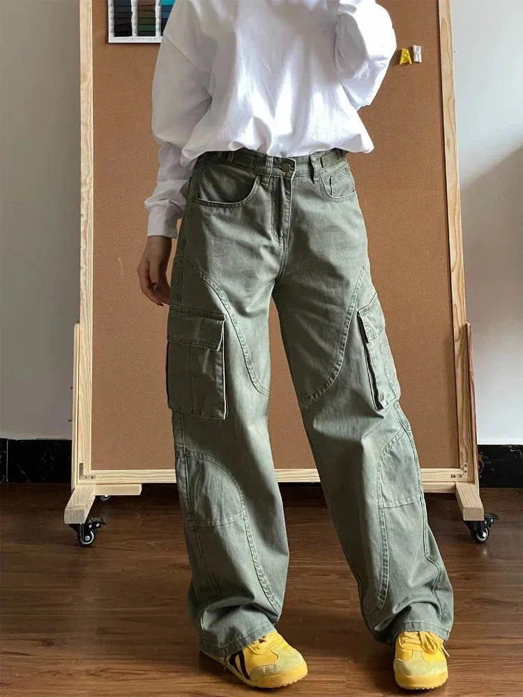 Cargo Jeans Woman Vintage Oversize Pockets Wide Leg Denim Pants