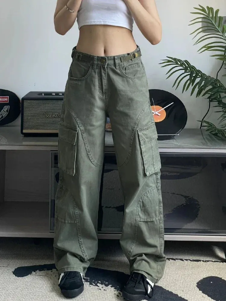 Cargo Jeans Woman Vintage Oversize Pockets Wide Leg Denim Pants