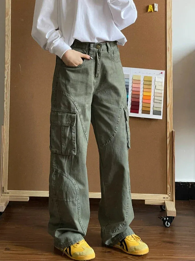 Cargo Jeans Woman Vintage Oversize Pockets Wide Leg Denim Pants