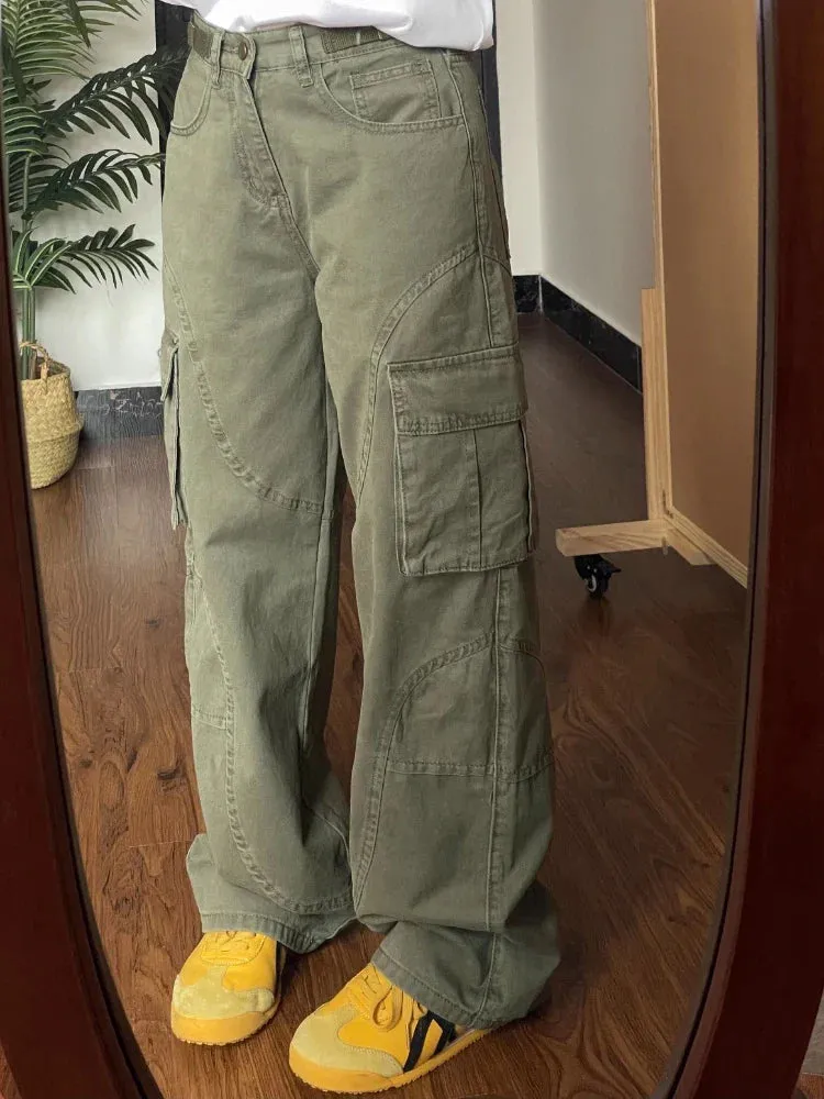 Cargo Jeans Woman Vintage Oversize Pockets Wide Leg Denim Pants