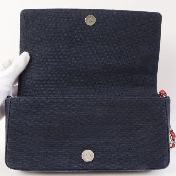 Chanel Around 2002 Made Denim Chocolate Bar Cc Mark No.5 Stitch Chain Shoulder Bag Navy/Silver/Red