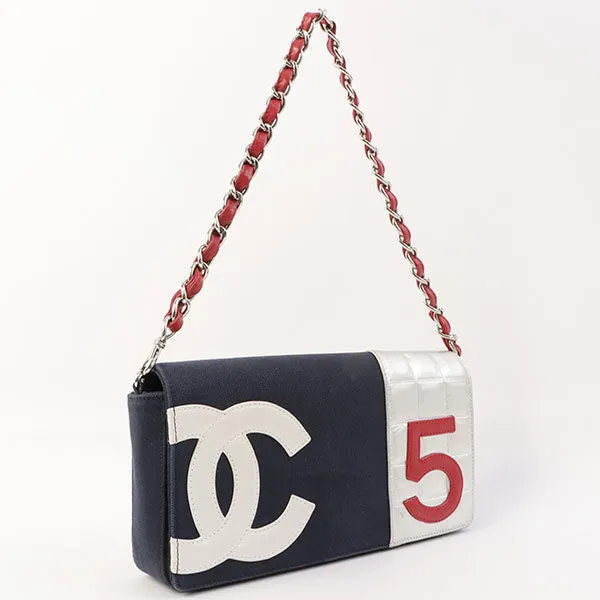 Chanel Around 2002 Made Denim Chocolate Bar Cc Mark No.5 Stitch Chain Shoulder Bag Navy/Silver/Red