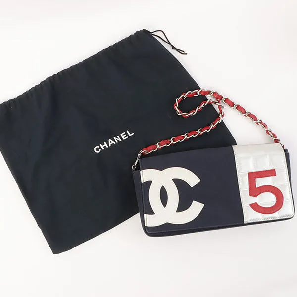 Chanel Around 2002 Made Denim Chocolate Bar Cc Mark No.5 Stitch Chain Shoulder Bag Navy/Silver/Red