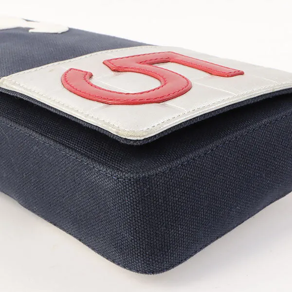 Chanel Around 2002 Made Denim Chocolate Bar Cc Mark No.5 Stitch Chain Shoulder Bag Navy/Silver/Red