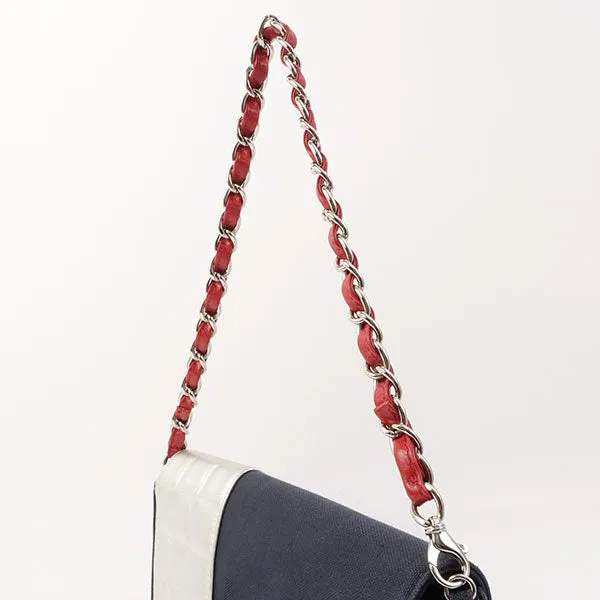 Chanel Around 2002 Made Denim Chocolate Bar Cc Mark No.5 Stitch Chain Shoulder Bag Navy/Silver/Red