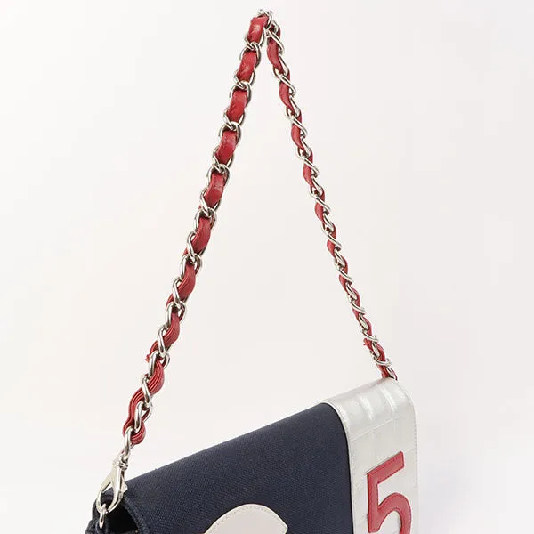 Chanel Around 2002 Made Denim Chocolate Bar Cc Mark No.5 Stitch Chain Shoulder Bag Navy/Silver/Red