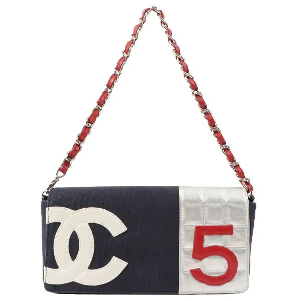 Chanel Around 2002 Made Denim Chocolate Bar Cc Mark No.5 Stitch Chain Shoulder Bag Navy/Silver/Red