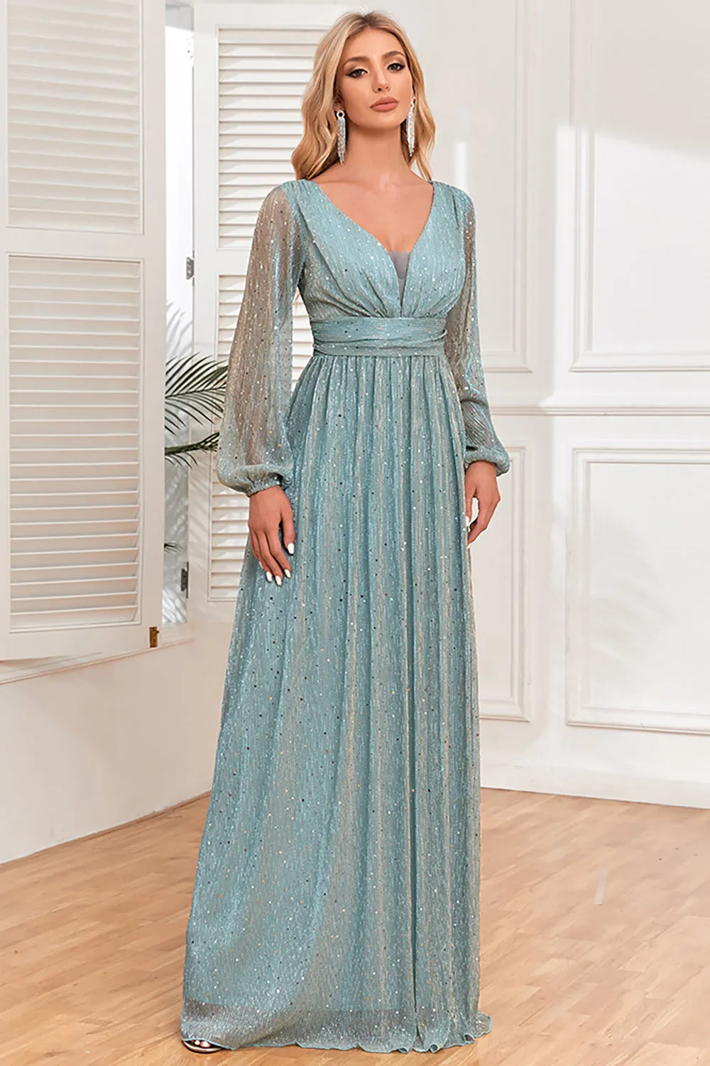 Chic A-Line Sequins Formal Dress with Long Sleeves Sparkly Evening Dresses