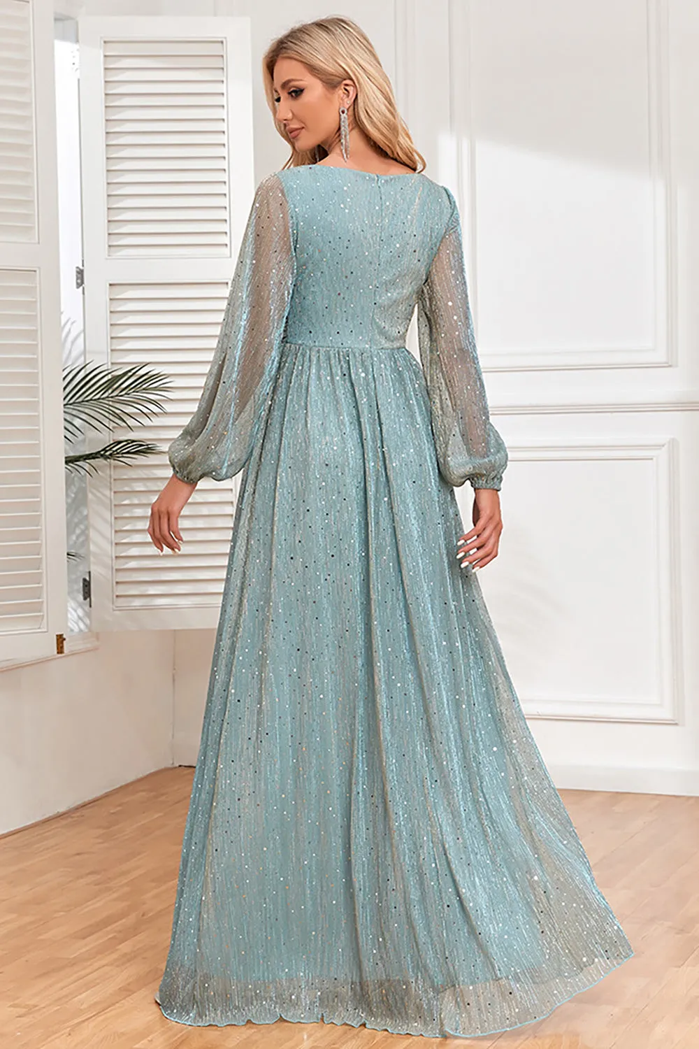 Chic A-Line Sequins Formal Dress with Long Sleeves Sparkly Evening Dresses