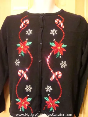Christmas Sweater Cardigan with Bling Red Poinsettias
