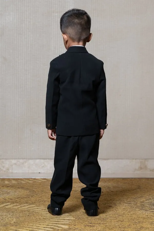 Classic black blazer with a champagne metallic-textured lapel, paired with matching pants and a crisp white shirt for a sophisticated formal look