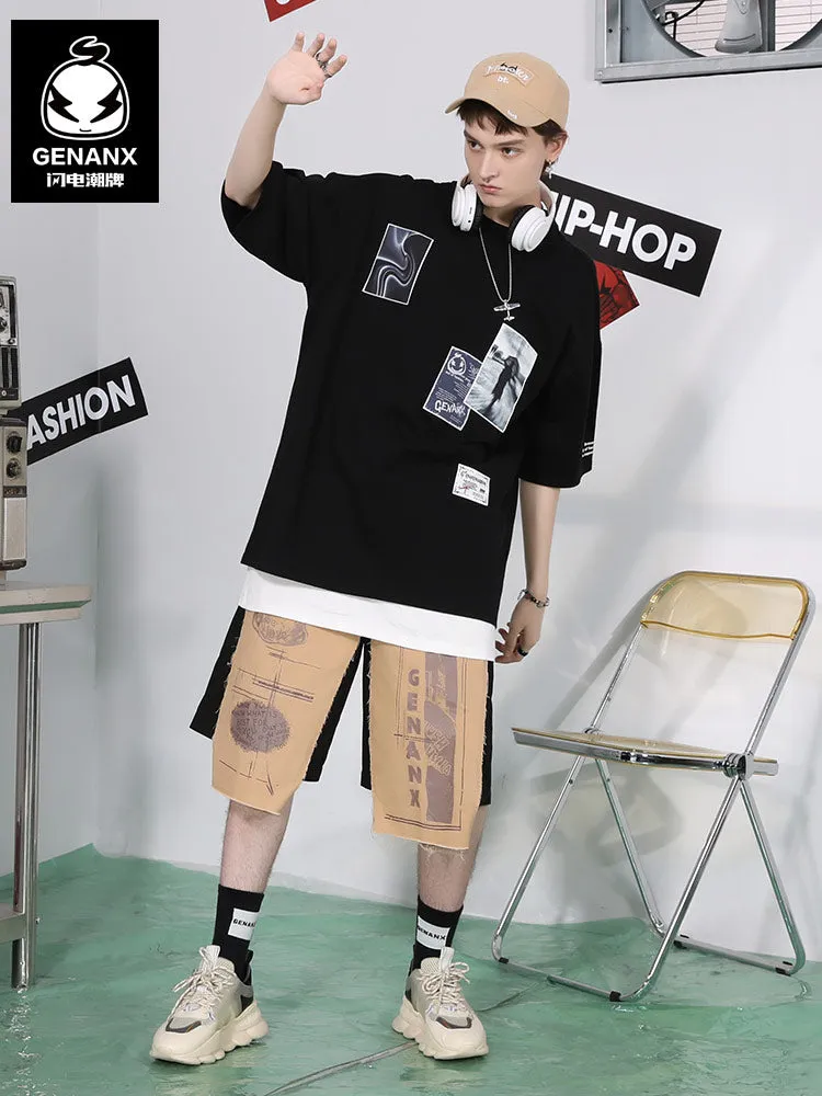 Color Block Patchwork Print Straight Shorts