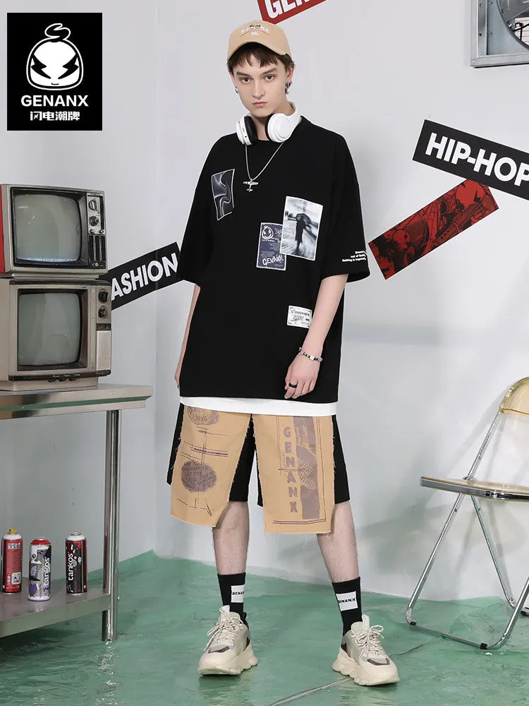 Color Block Patchwork Print Straight Shorts