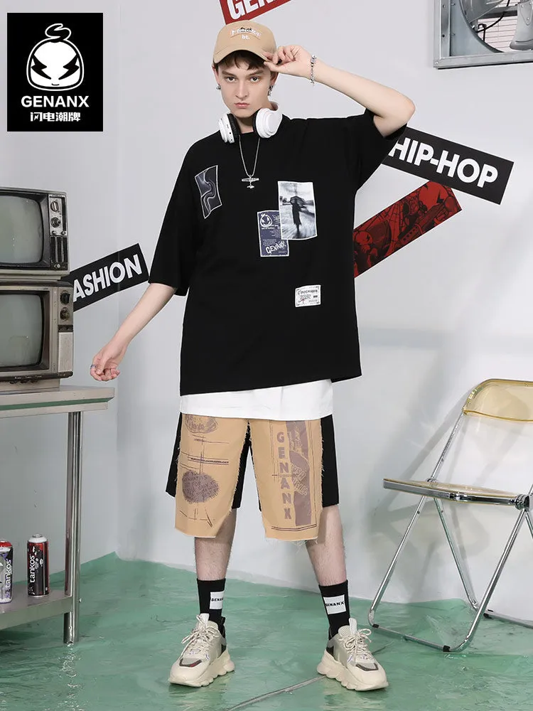 Color Block Patchwork Print Straight Shorts